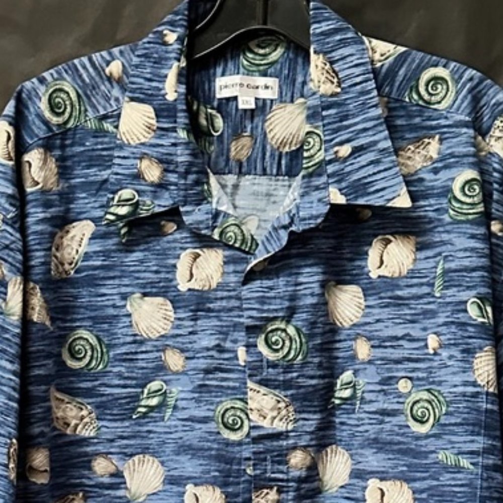 Pierre Cardin Shirt 2XL XXL Blue Snail Sea Shells Water Aloha Hawaiian Hawaii